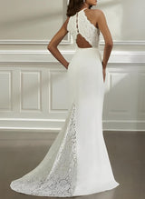 Halter Sleeveless Mermaid Fitted Wedding Dress Sweep Train in Lace Elastic Satin-Dbrbridal