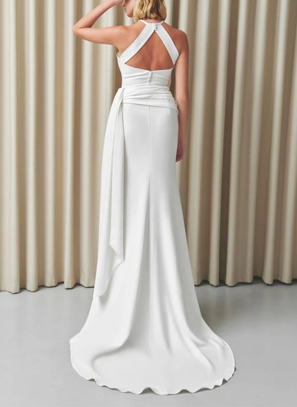 Halter Sleeveless Sheath Fitted Wedding Dresses Sweep Train in Elastic Satin-Dbrbridal