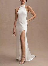 Halter Sleeveless Silk Like Satin Sheath Fitted Wedding Dresses Split Front-Dbrbridal