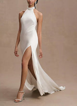 Halter Sleeveless Silk Like Satin Sheath Fitted Wedding Dresses Split Front-Dbrbridal