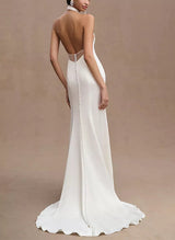 Halter Sleeveless Silk Like Satin Sheath Fitted Wedding Dresses Split Front-Dbrbridal