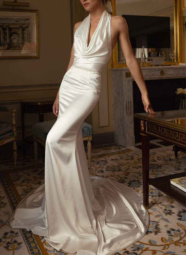 Halter Sleeveless Sweep Train Silk Like Satin Wedding Dress-Dbrbridal