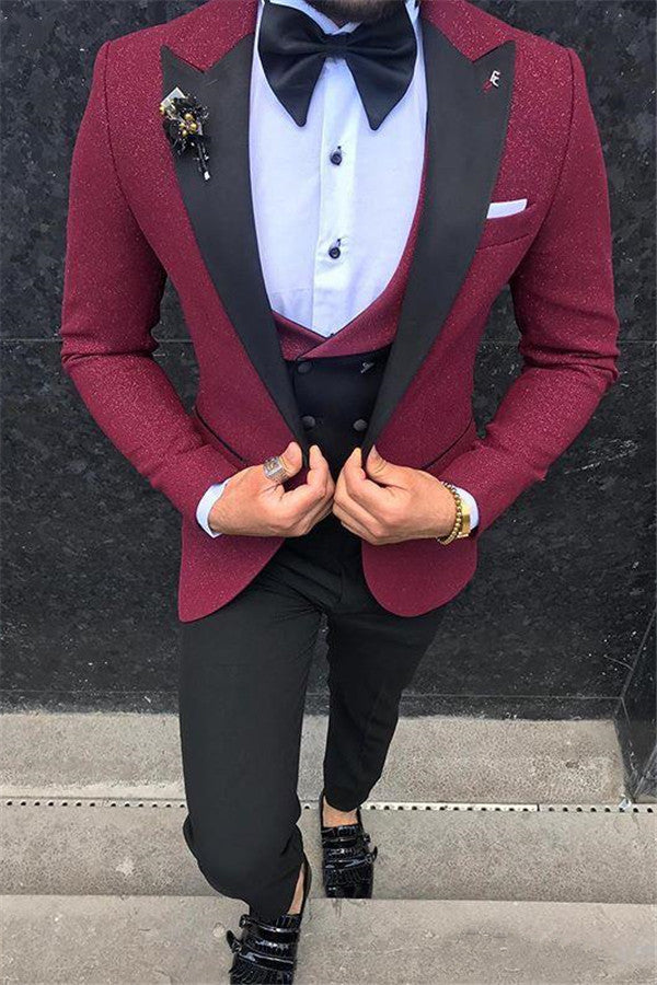 Henry Burgundy Slim Fit Peaked Lapel Three-Piece Men Suits Online-Dbrbridal