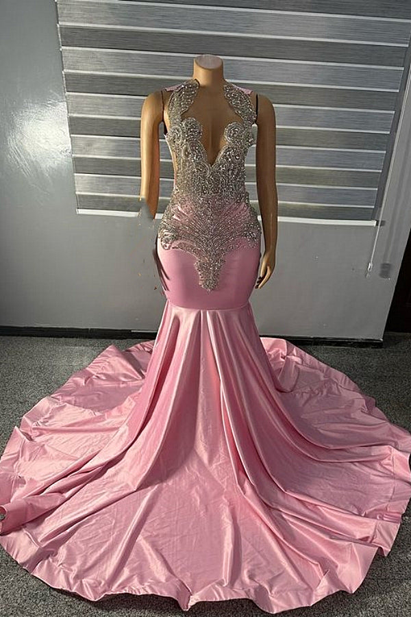 High neck Unique SIlver Beaded Pink Mermaid PRom Dresses-Dbrbridal