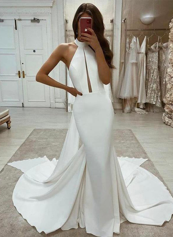 High Neck Wedding Dresses Open Back-Dbrbridal