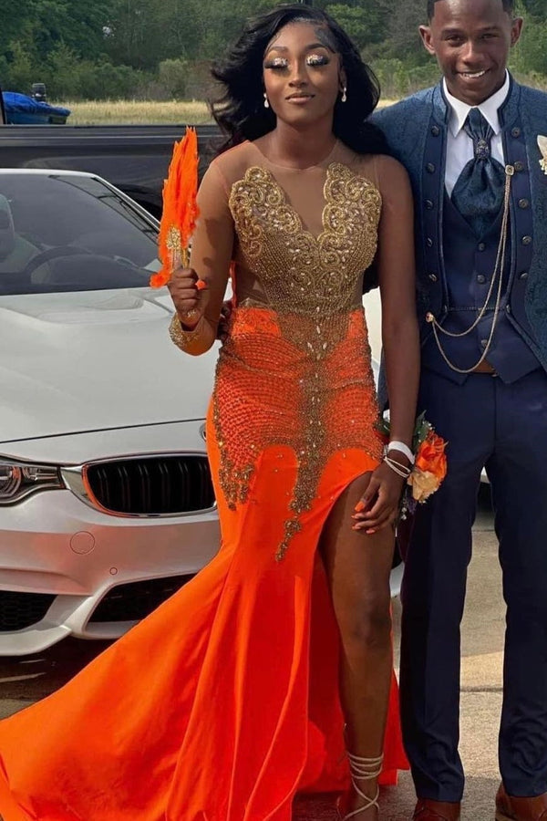 Hot Orange Mermaid High Split Prom Dresses with Gold Beads-Dbrbridal