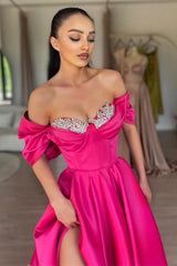 Hot Pink Prom Dress featuring Off-the-Shoulder Design Long Slit and Bead Embellishments-Dbrbridal