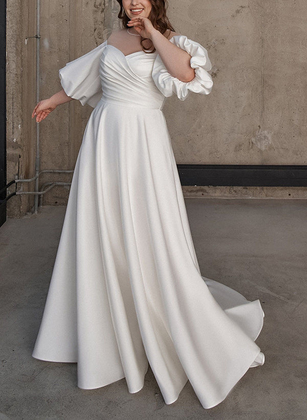 Illusion Neck Chic A-line Satin Wedding Dress Half Sleeves Sweep Train-Dbrbridal