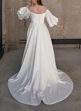 Illusion Neck Chic A-line Satin Wedding Dress Half Sleeves Sweep Train-Dbrbridal