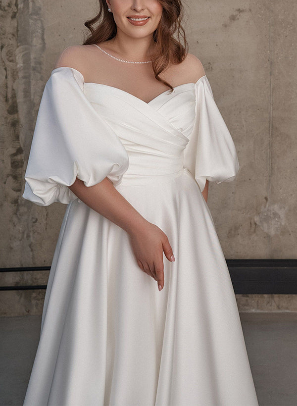 Illusion Neck Chic A-line Satin Wedding Dress Half Sleeves Sweep Train-Dbrbridal