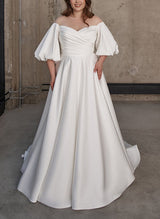 Illusion Neck Chic A-line Satin Wedding Dress Half Sleeves Sweep Train-Dbrbridal