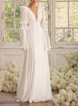 Illusion Neck Long Sleeves Chic A-line Chiffon Elegant Wedding Dresses Pleated-Dbrbridal