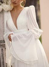 Illusion Neck Long Sleeves Chic A-line Chiffon Elegant Wedding Dresses Pleated-Dbrbridal