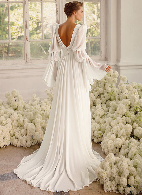 Illusion Neck Long Sleeves Chic A-line Chiffon Elegant Wedding Dresses Pleated-Dbrbridal