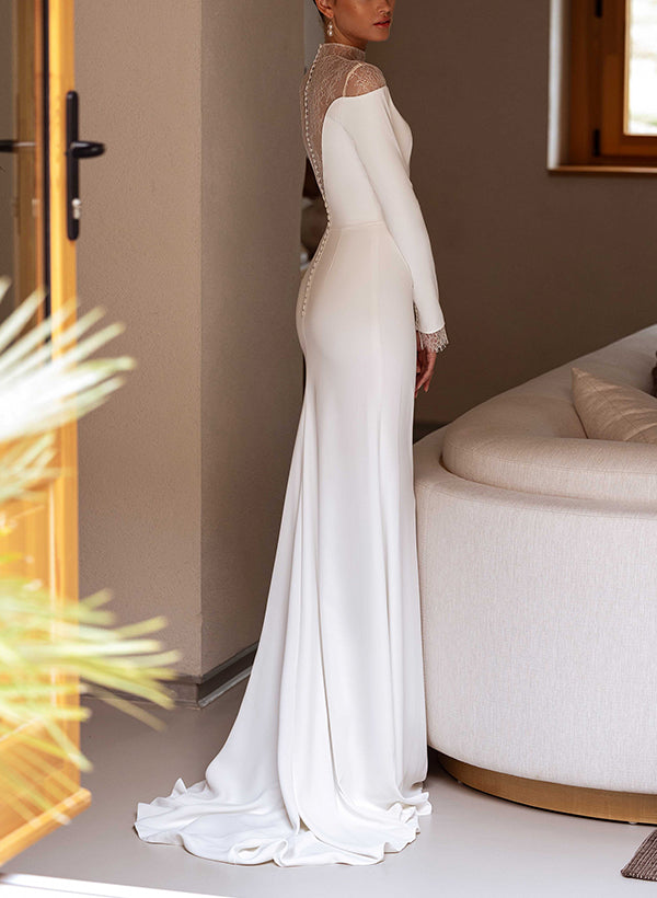 Illusion Neck Long Sleeves Elastic Satin Sheath Fitted Wedding Dresses-Dbrbridal