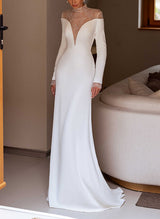 Illusion Neck Long Sleeves Elastic Satin Sheath Fitted Wedding Dresses-Dbrbridal