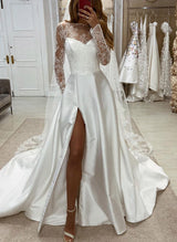 Illusion Neck Long Sleeves Satin Wedding Dresses Lace-Dbrbridal