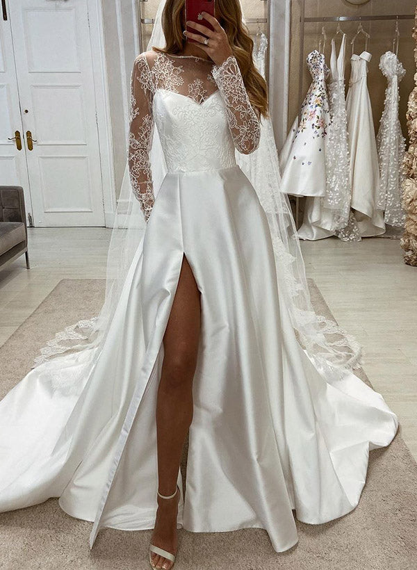 Illusion Neck Long Sleeves Satin Wedding Dresses Lace-Dbrbridal