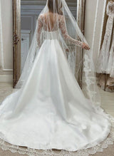 Illusion Neck Long Sleeves Satin Wedding Dresses Lace-Dbrbridal