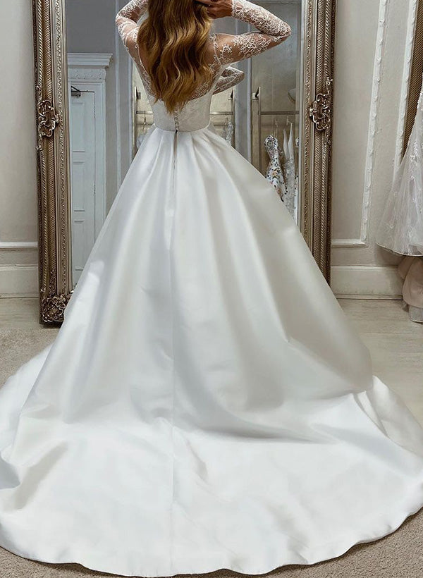 Illusion Neck Long Sleeves Satin Wedding Dresses Lace-Dbrbridal