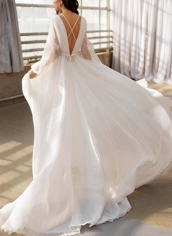 Illusion Neck Long Sleeves Sweep Train Chiffon Wedding Dresses-Dbrbridal