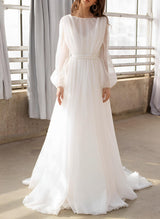 Illusion Neck Long Sleeves Sweep Train Chiffon Wedding Dresses-Dbrbridal