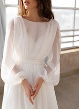 Illusion Neck Long Sleeves Sweep Train Chiffon Wedding Dresses-Dbrbridal