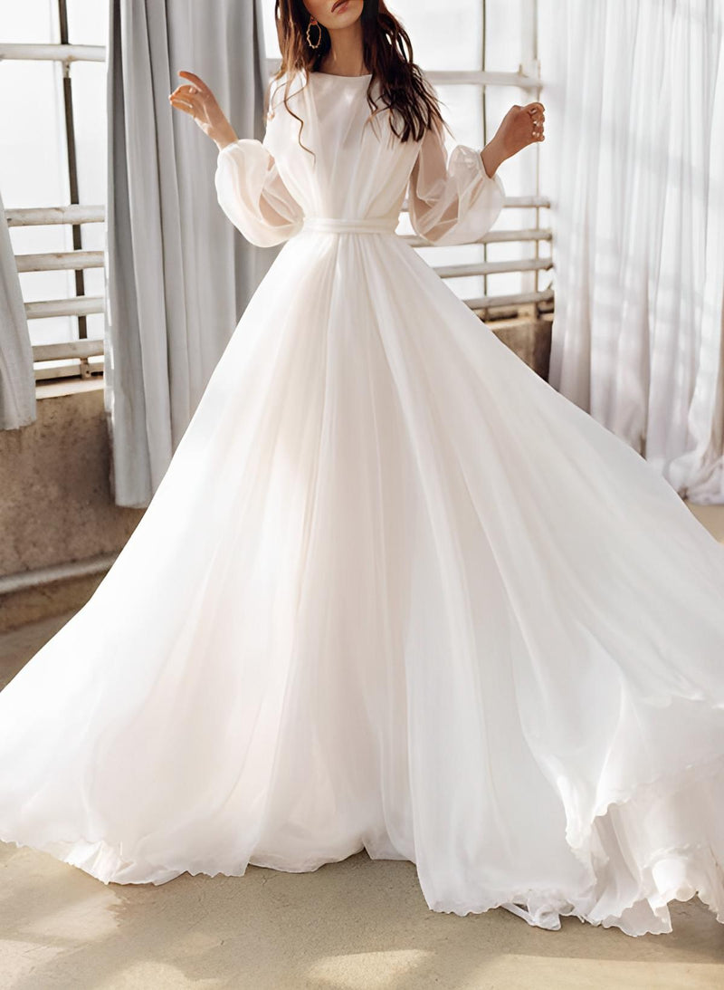 Illusion Neck Long Sleeves Sweep Train Chiffon Wedding Dresses-Dbrbridal