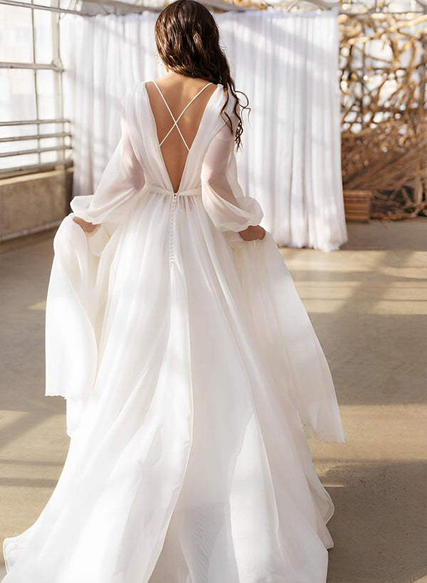 Illusion Neck Long Sleeves Sweep Train Chiffon Wedding Dresses-Dbrbridal