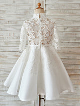 Ivory Lace Satin High Neck Long Sleeves Wedding flower girl dress-Dbrbridal