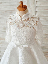 Ivory Lace Satin High Neck Long Sleeves Wedding flower girl dress-Dbrbridal