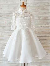 Ivory Lace Satin High Neck Long Sleeves Wedding flower girl dress-Dbrbridal