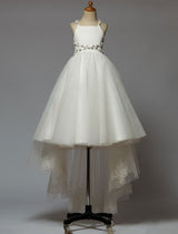 Ivory Lace Sequins High Low Criss Cross Bow Sash Tulle Long Kids Pageant Dress With Train-Dbrbridal