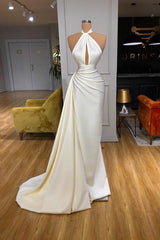 Ivory Long Evening Prom Dress With Split Detachable Train Halter-Dbrbridal