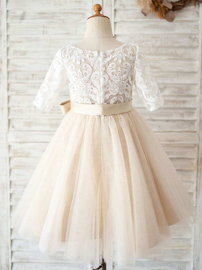 Jewel Neck Half Sleeves Sash Kids Social Party Dresses-Dbrbridal