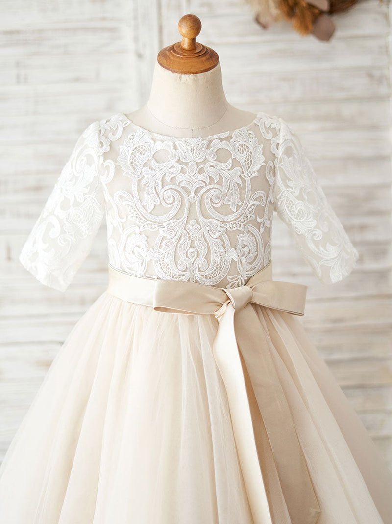 Jewel Neck Half Sleeves Sash Kids Social Party Dresses-Dbrbridal