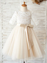 Jewel Neck Half Sleeves Sash Kids Social Party Dresses-Dbrbridal