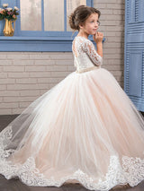 Jewel Neck Lace Long Sleeves Floor-Length Princess Embroidered Formal Kids Pageant flower girl dresses-Dbrbridal