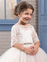 Jewel Neck Lace Long Sleeves Floor-Length Princess Embroidered Formal Kids Pageant flower girl dresses-Dbrbridal