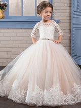 Jewel Neck Lace Long Sleeves Floor-Length Princess Embroidered Formal Kids Pageant flower girl dresses-Dbrbridal