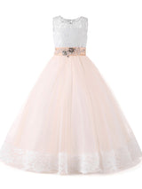 Jewel Neck Lace Sleeveless Ankle Length Ball Gown Studded Kids Pageant flower girl dresses-Dbrbridal