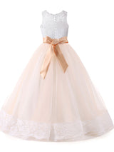 Jewel Neck Lace Sleeveless Ankle Length Ball Gown Studded Kids Pageant flower girl dresses-Dbrbridal