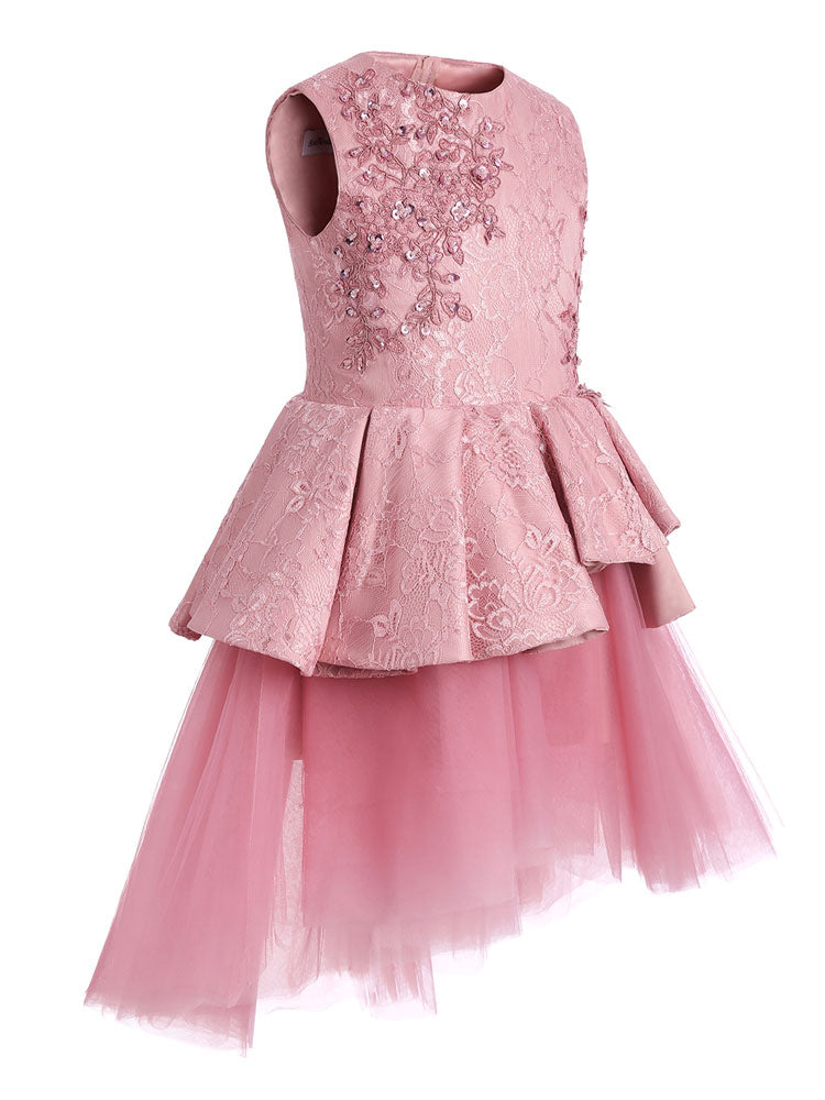 Jewel Neck Lace Sleeveless Short A-Line Applique Kids Social Party Dresses-Dbrbridal