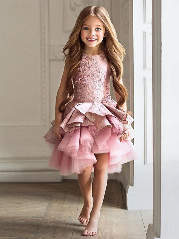 Jewel Neck Lace Sleeveless Short A-Line Applique Kids Social Party Dresses-Dbrbridal