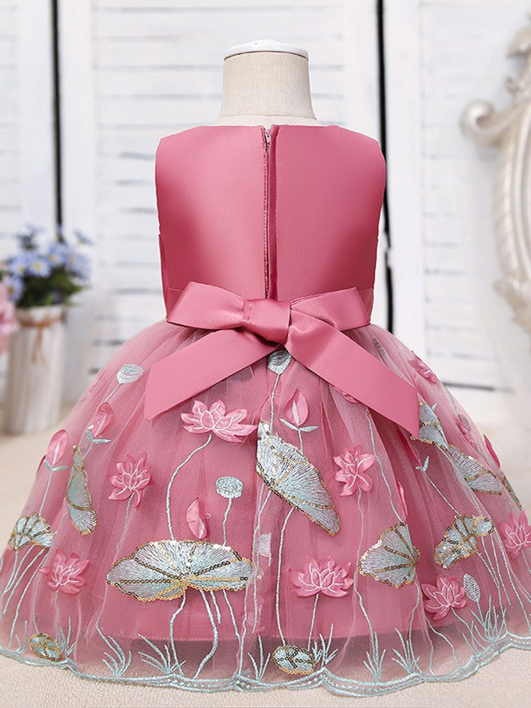 Jewel Neck Polyester Sleeveless Polyester Cotton Tulle Short A-Line Embroidered Kids Party Dresses-Dbrbridal