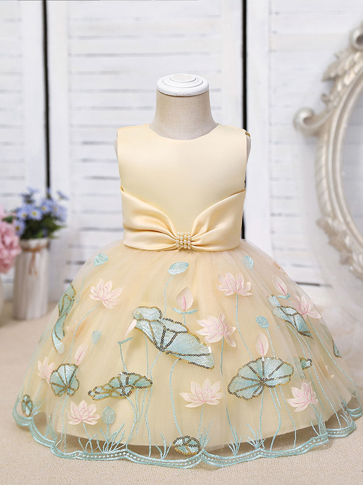 Jewel Neck Polyester Sleeveless Polyester Cotton Tulle Short A-Line Embroidered Kids Party Dresses-Dbrbridal