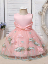 Jewel Neck Polyester Sleeveless Polyester Cotton Tulle Short A-Line Embroidered Kids Party Dresses-Dbrbridal