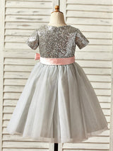 Jewel Neck Short Sleeves Sash Kids Party Dresses-Dbrbridal