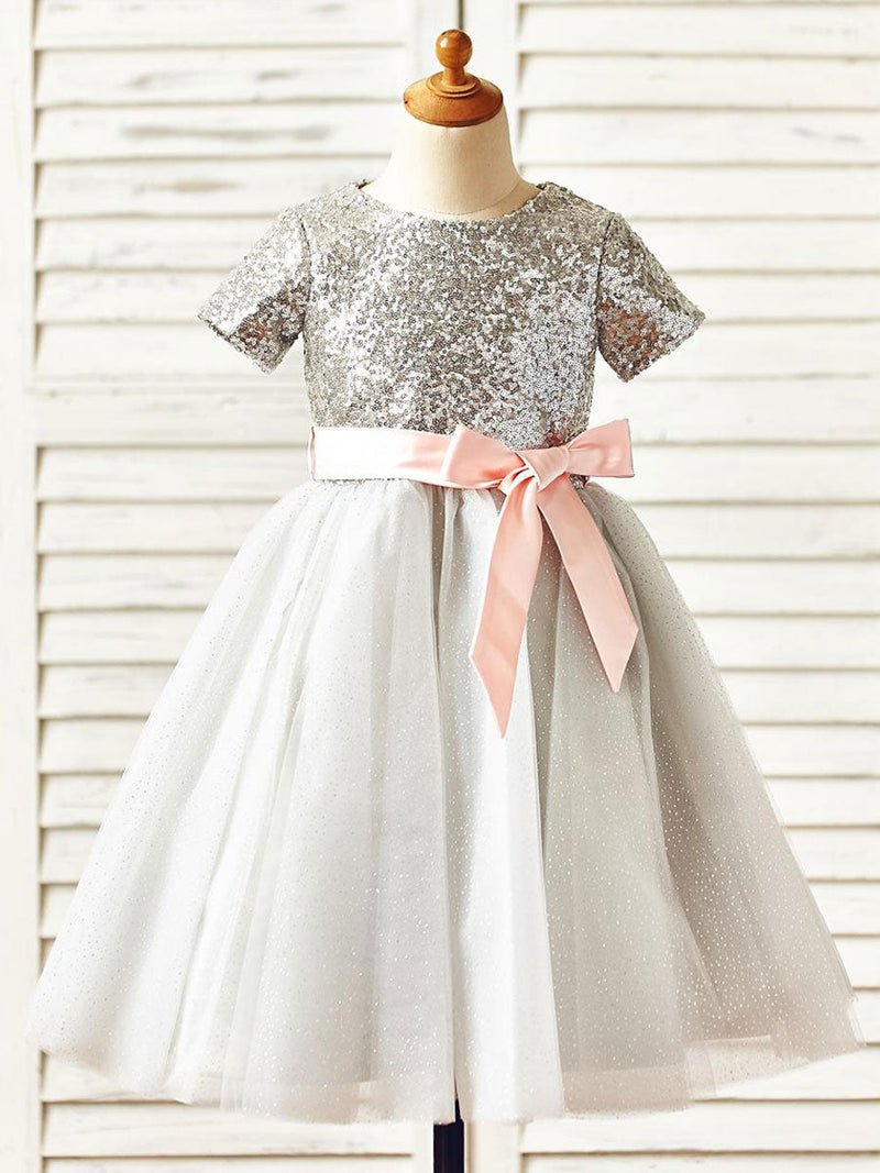 Jewel Neck Short Sleeves Sash Kids Party Dresses-Dbrbridal