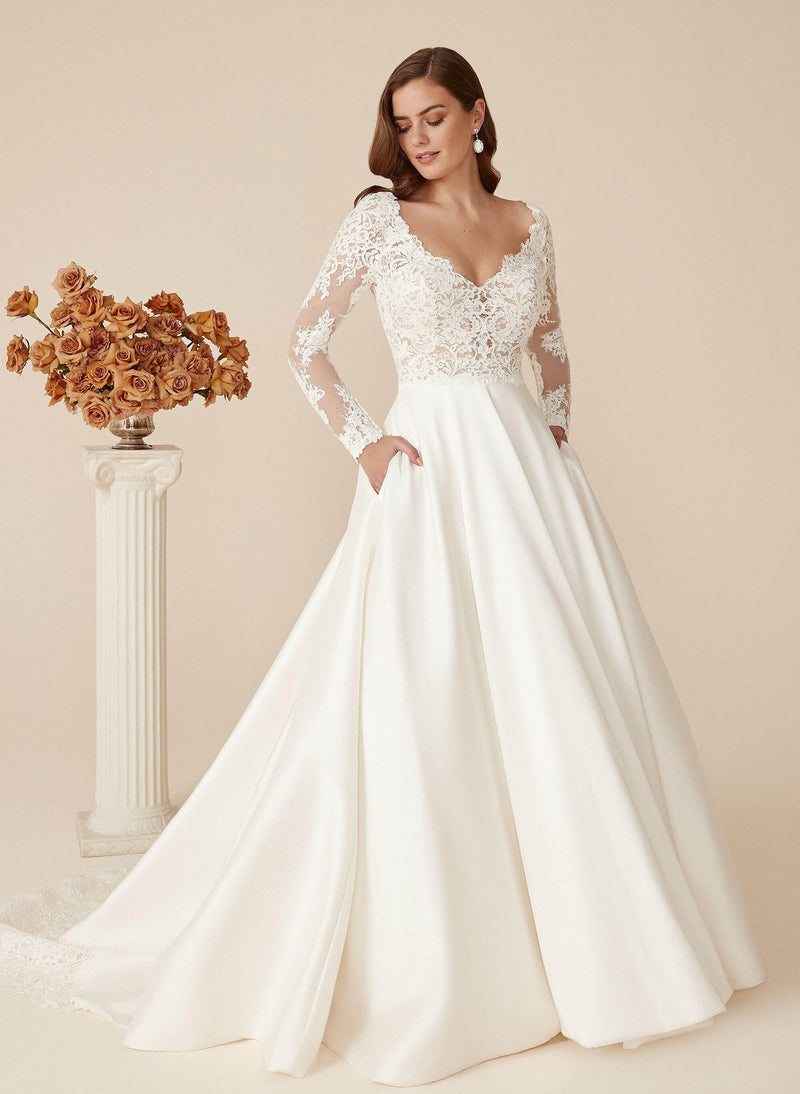 Lace Ball-Gown Wedding Dresses Satin Long Sleeves-Dbrbridal